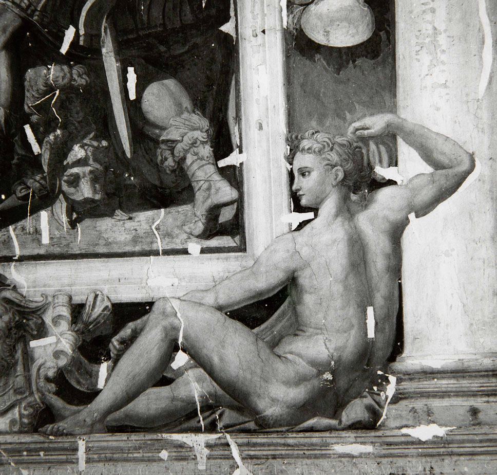 Alessandro Magno taglia il nodo gordiano (dipinto murale, elemento d'insieme) di Bonaccorsi Pietro detto Perin del Vaga, Pellegrini Pellegrino detto Pellegrino Tibaldi (attribuito) (sec. XVI) 
