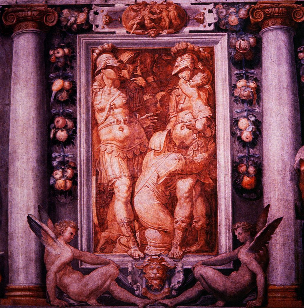 Alessandro Magno grazia la famiglia di Dario (dipinto murale, elemento d'insieme) di Bonaccorsi Pietro detto Perin del Vaga, Pellegrini Pellegrino detto Pellegrino Tibaldi (attribuito) (sec. XVI) 