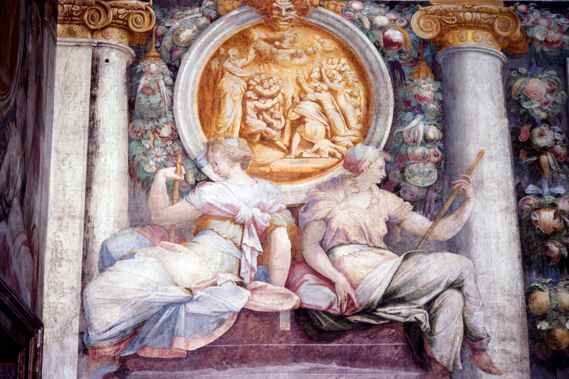 Calliope e Euterpe (dipinto murale, elemento d'insieme) di Rietti Domenico da Figline detto Zaga (attribuito), Bonaccorsi Pietro detto Perin del Vaga (sec. XVI) 