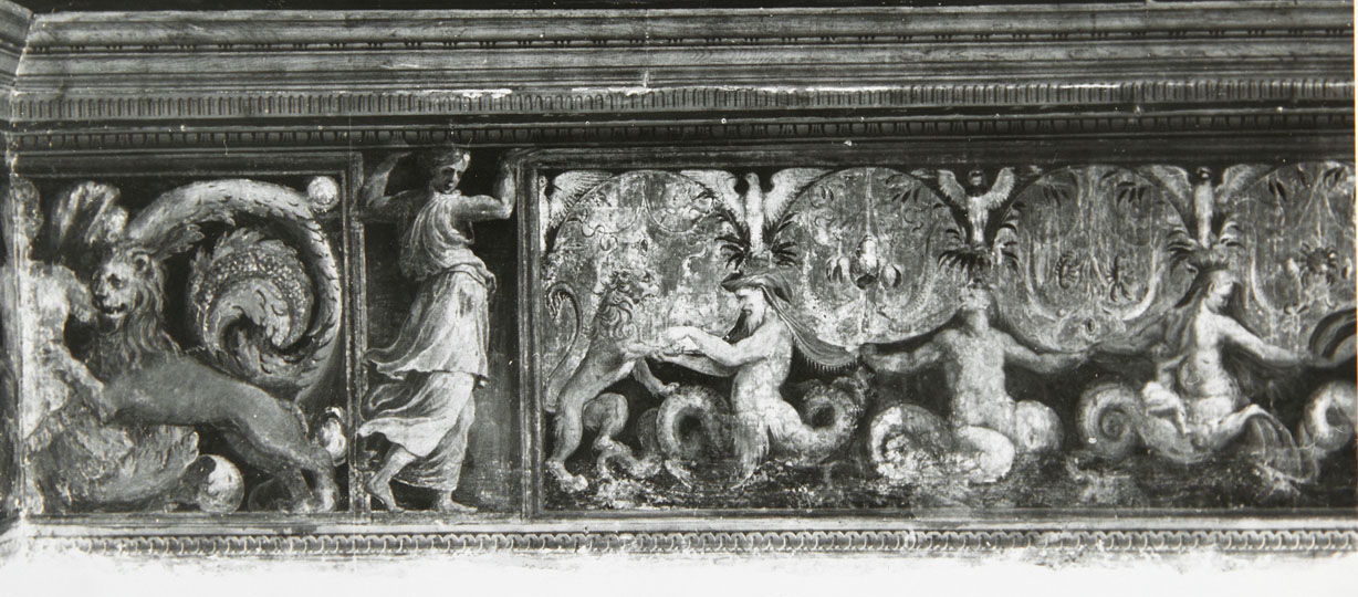 Danza di Tritoni tra un leone e un liocorno (dipinto murale) di Luzio Romano (e aiuti), Fontana Prospero (sec. XVI)