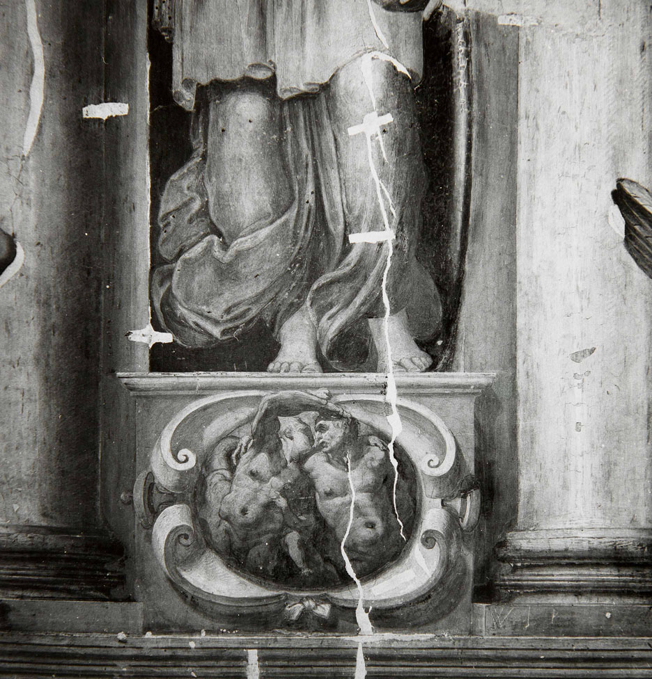Tritoni in lotta (dipinto murale, elemento d'insieme) di Pellegrini Pellegrino detto Pellegrino Tibaldi (attribuito) (sec. XVI)