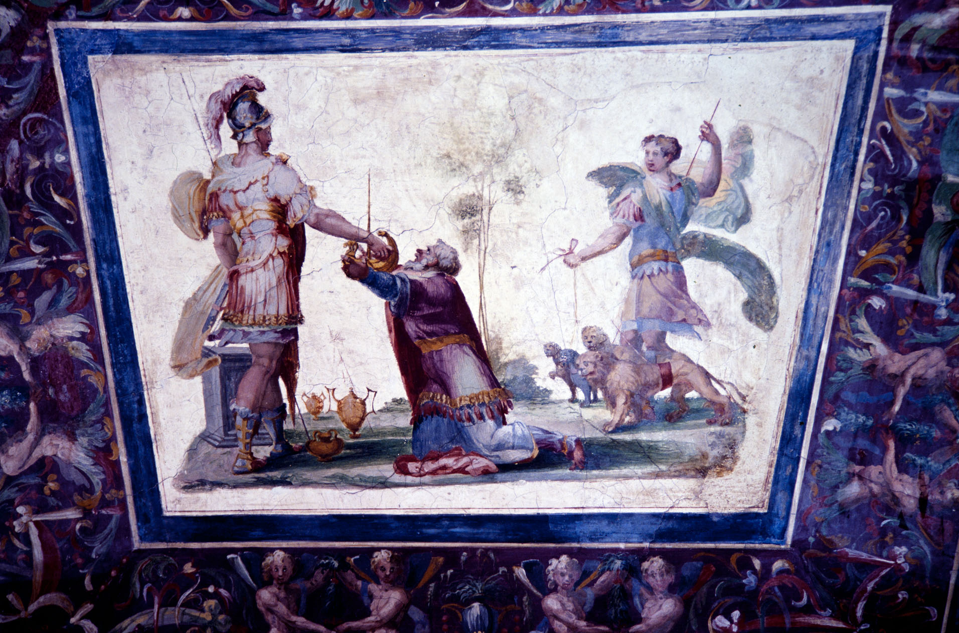 un vecchio offre ad Alessandro un modello di nave (dipinto murale, elemento d'insieme) di Bonaccorsi Pietro detto Perin del Vaga (e aiuti) (sec. XVI)