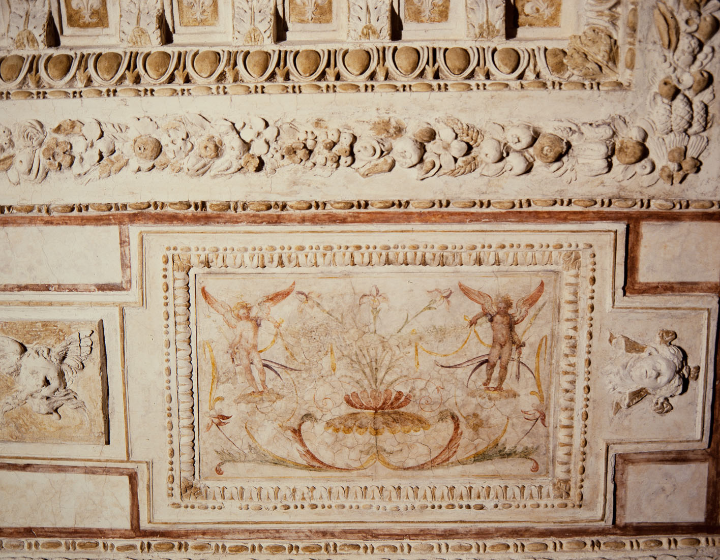 Putti con festone ed emblema del giglio (dipinto murale, elemento d'insieme) di Luzio Romano (sec. XVI)