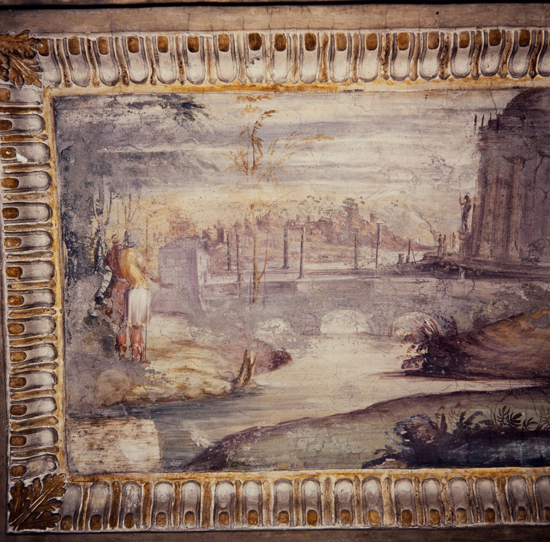 Mausoleo di Adriano sulla riva del Tevere (dipinto murale, elemento d'insieme) di Luzio Romano (e aiuti) (sec. XVI)