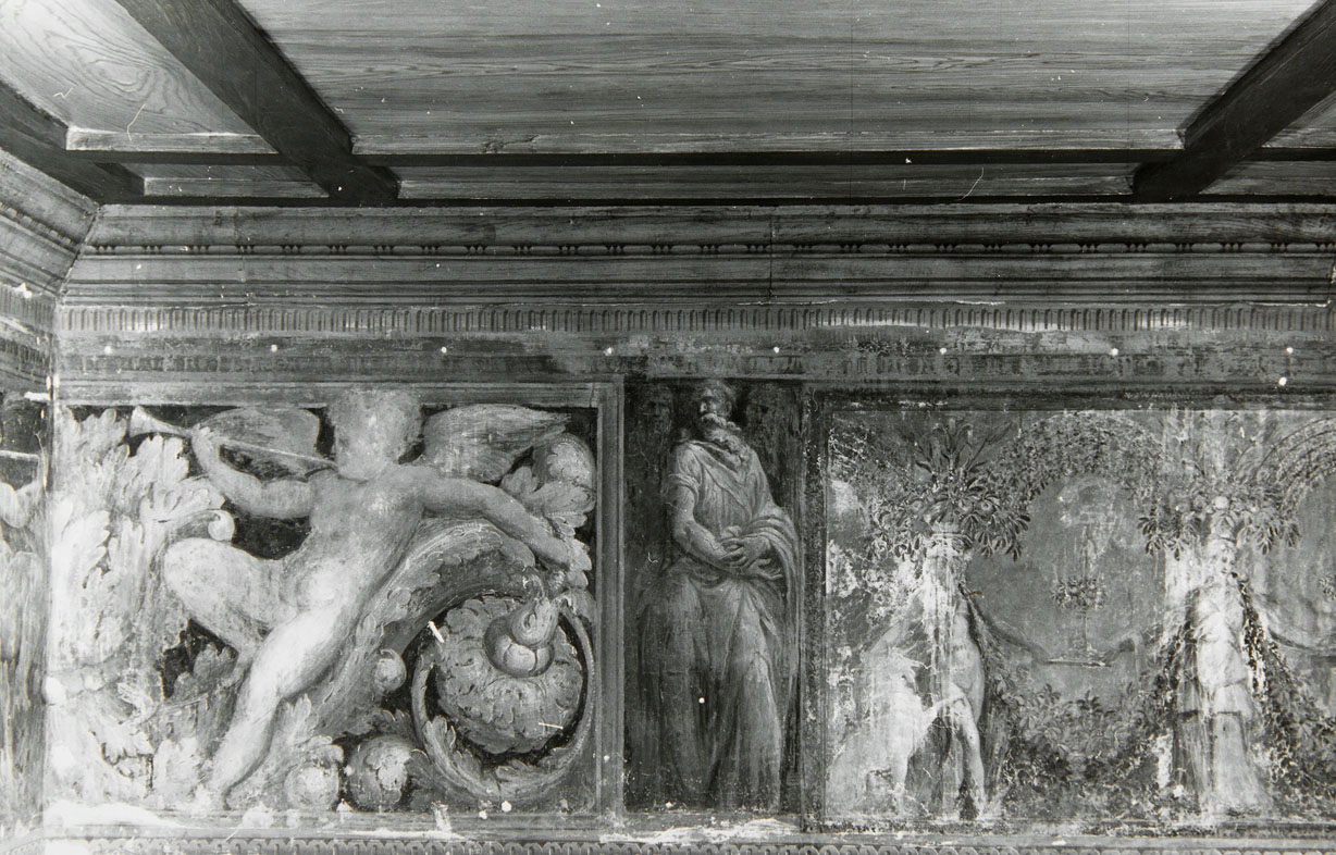 girali d'acanto tra putti, sfingi e cariatidi (dipinto murale) di Luzio Romano (e aiuti), Fontana Prospero (sec. XVI)