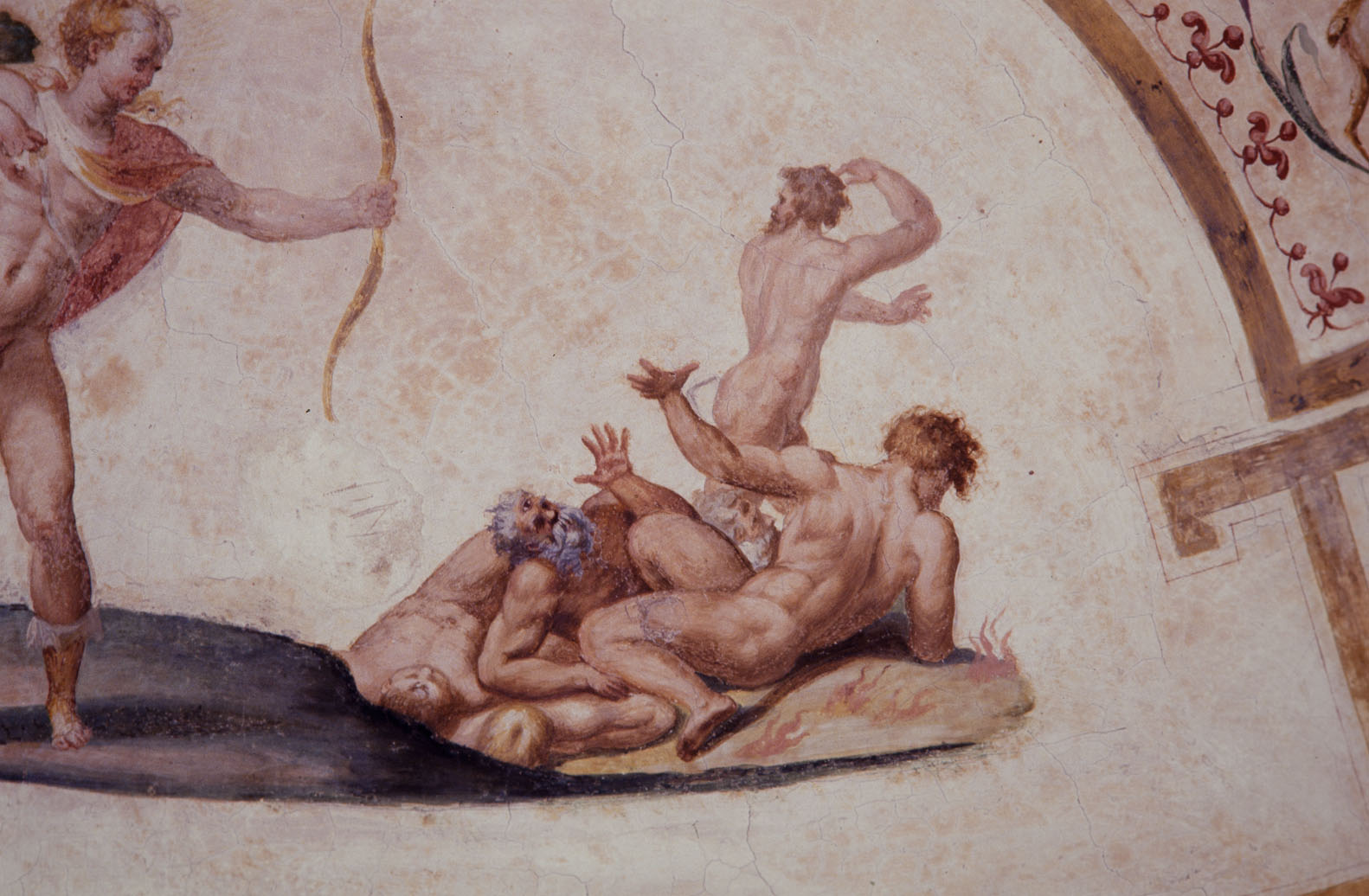 Apollo uccide i ciclopi per vendicare la morte di Ascepio (dipinto murale, ciclo) di Rietti Domenico da Figline detto Zaga, Bonaccorsi Pietro detto Perin del Vaga (sec. XVI) 