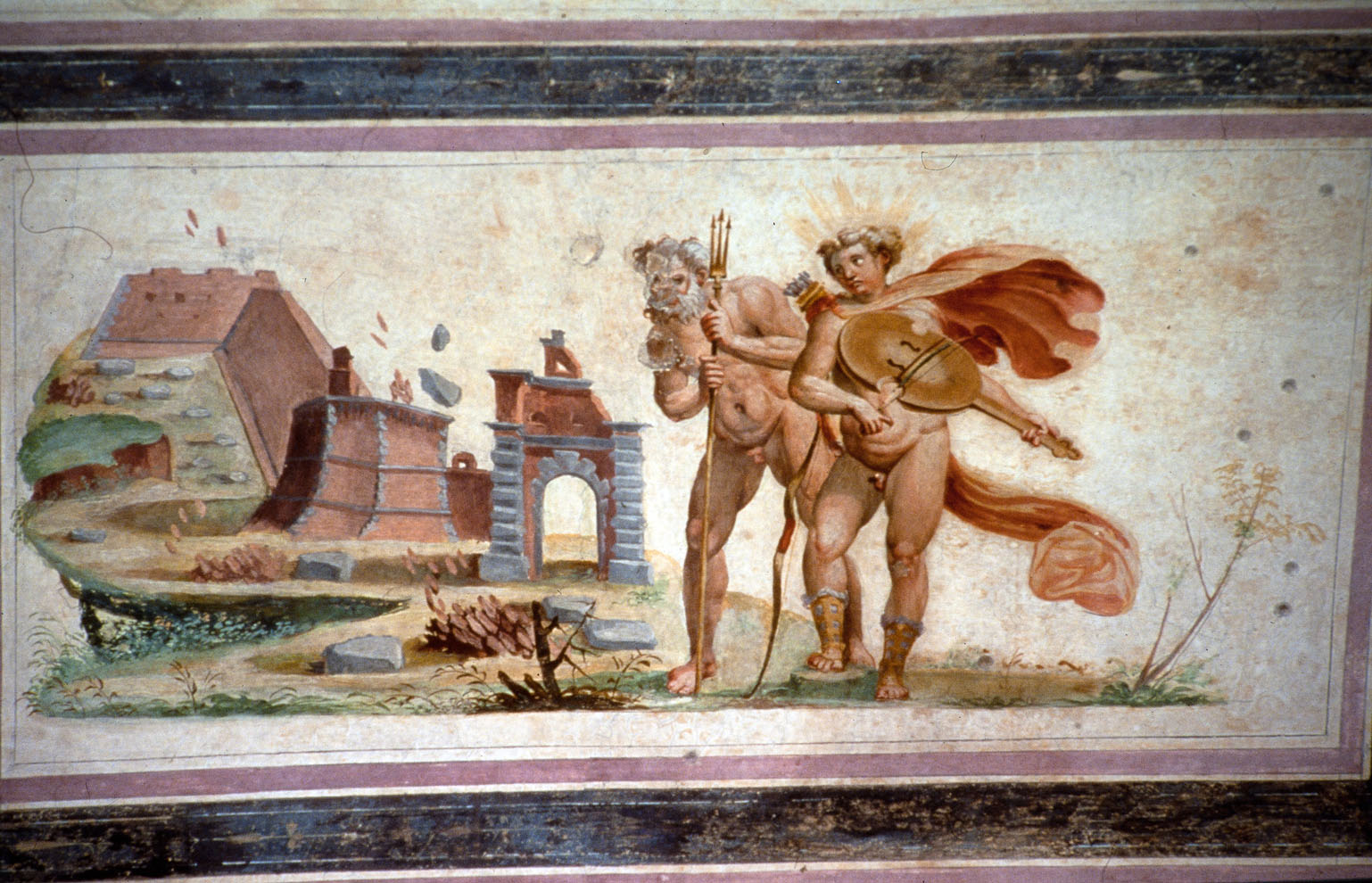 Apollo e Nettuno costruiscono le mura di Troia (dipinto murale, ciclo) di Rietti Domenico da Figline detto Zaga, Bonaccorsi Pietro detto Perin del Vaga (sec. XVI)