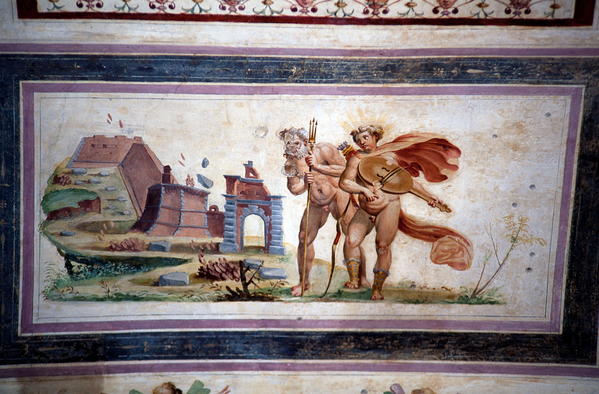 Apollo e Nettuno costruiscono le mura di Troia (dipinto murale, ciclo) di Rietti Domenico da Figline detto Zaga, Bonaccorsi Pietro detto Perin del Vaga (sec. XVI) 