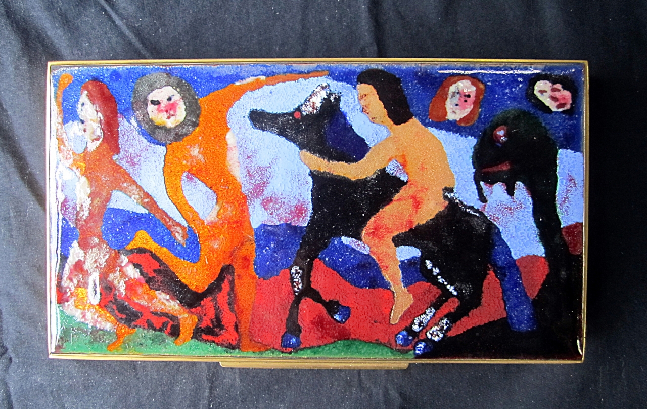 figure maschili e animali fantastici (scatola, opera isolata) di Jemolo Salvatore (terzo quarto sec. XX)