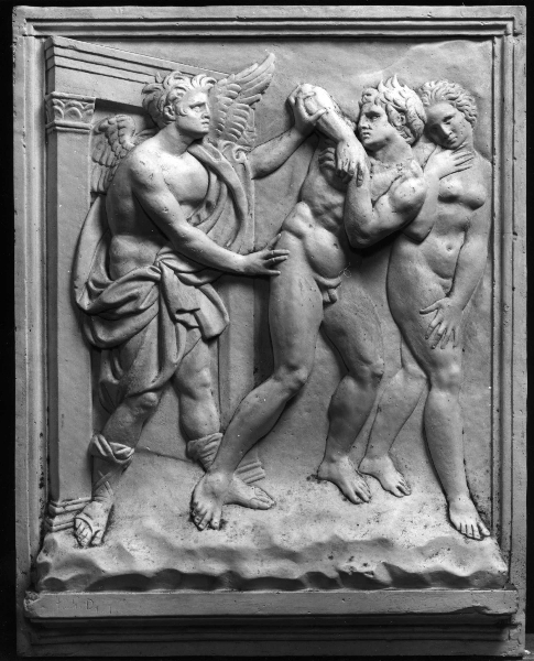 cacciata di Adamo ed Eva dal paradiso terrestre (calco di formella) di Lelli Oronzio (bottega) (sec. XIX)