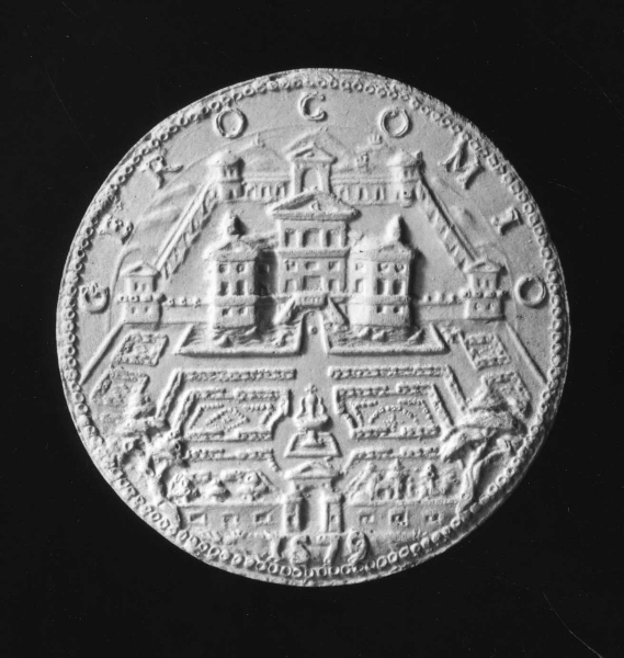 veduta della villa Gerocomio con il giardino (calco di medaglia) di Lelli Oronzio (bottega) (ultimo quarto sec. XIX)