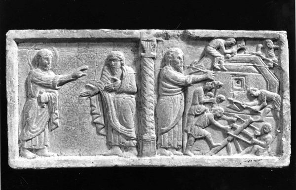 L'Eterno ordina a Noè di costruire l'arca Costruzione dell'arca (calco di formella) di Laboratorio Istituto Statale d'Arte (sec. XX)