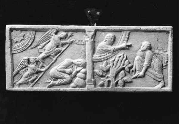 Mosè davanti al roveto ardente con Dio Padre; scala di Giacobbe (calco di formella) di Laboratorio Istituto Statale d'Arte (sec. XX)