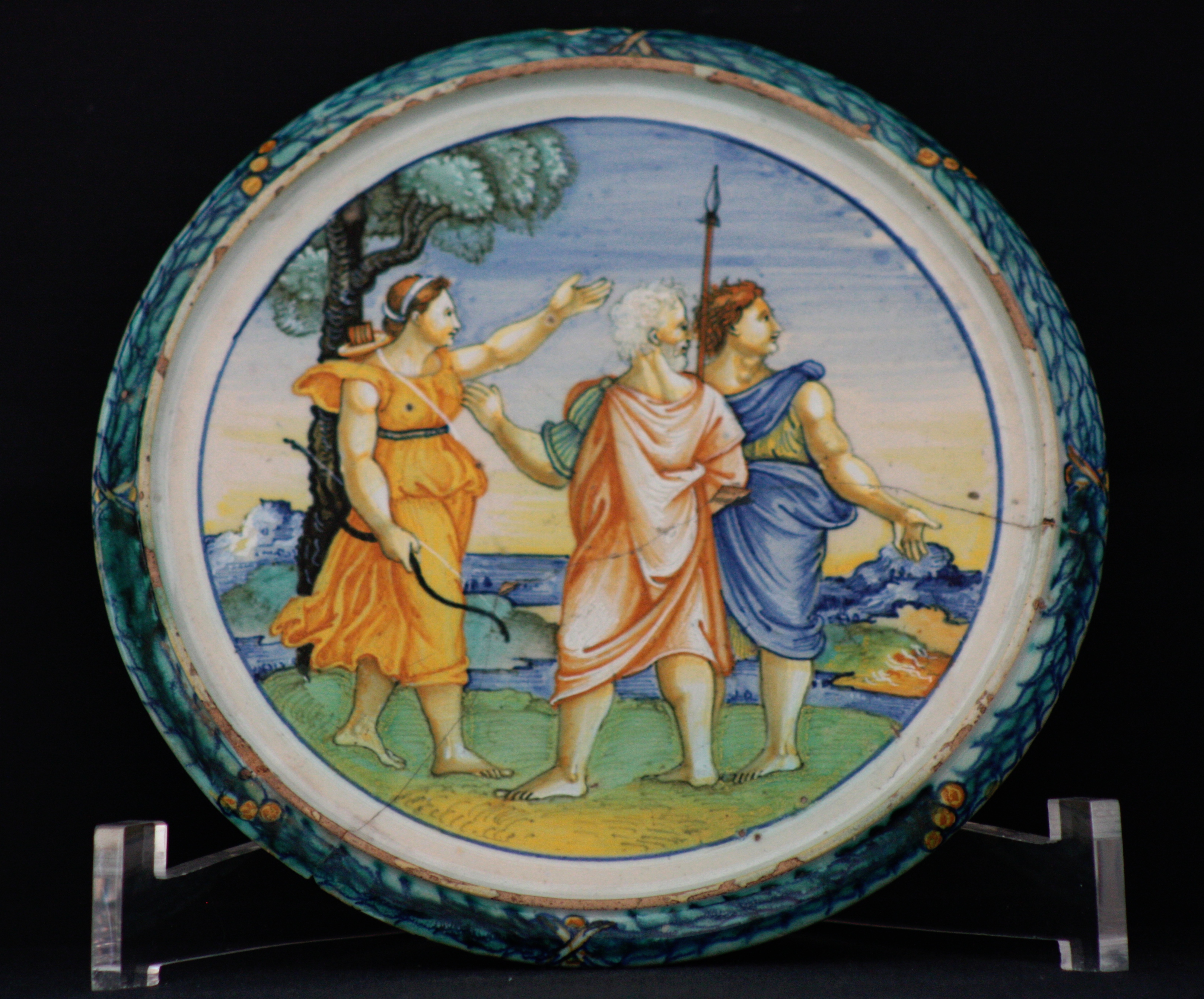 Enea e Acate incontrano Venere (tagliere da Impagliata, opera isolata) di Nicola da Urbino (maniera) - ambito urbinate (prima metà sec. XVI)