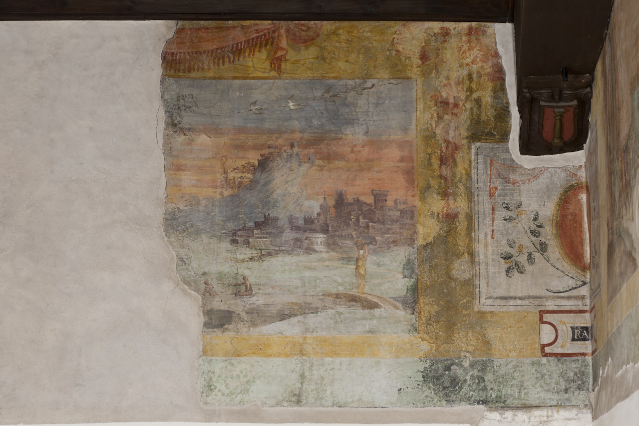paesaggio con architetture (dipinto, elemento d'insieme) - ambito romano (XVI)