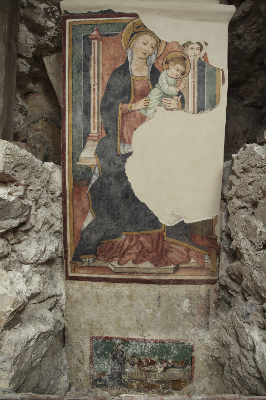 Madonna in trono col Bambino e elevatio animae del donatore (dipinto) - ambito campano (metà/ metà sec. XV)