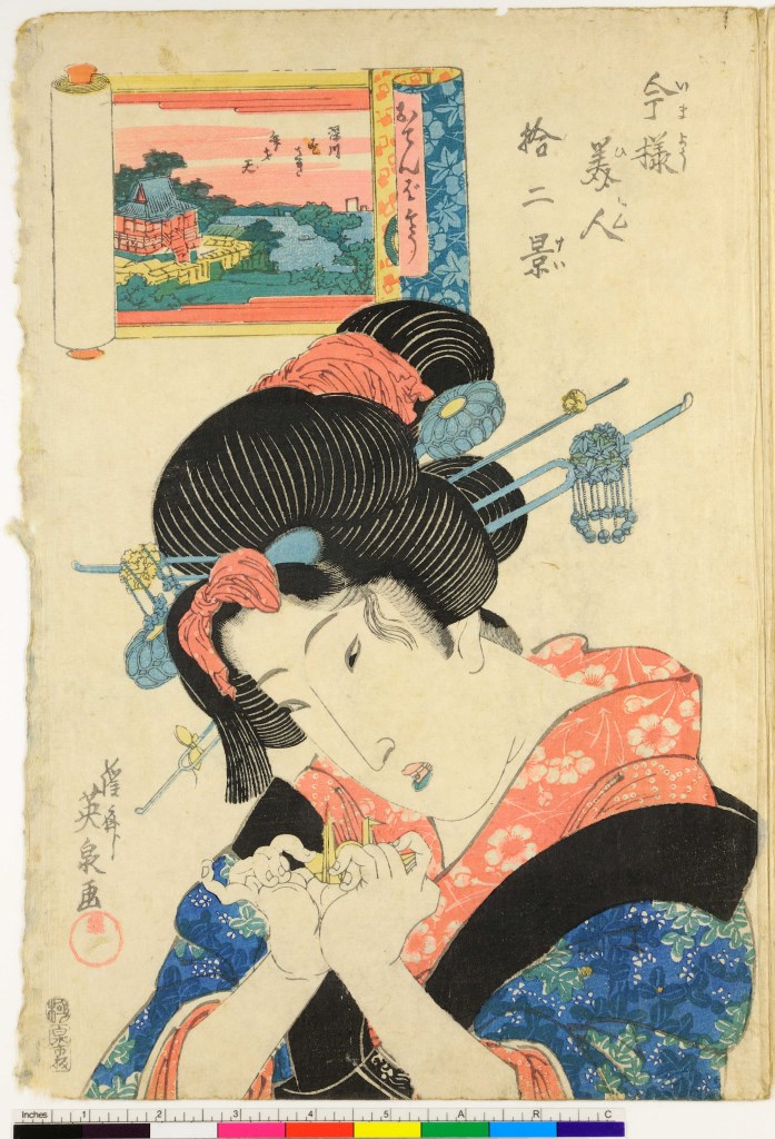 donna con origami in mano (stampa) di Keisai Eisen - ambito giapponese (primo quarto sec. XIX)