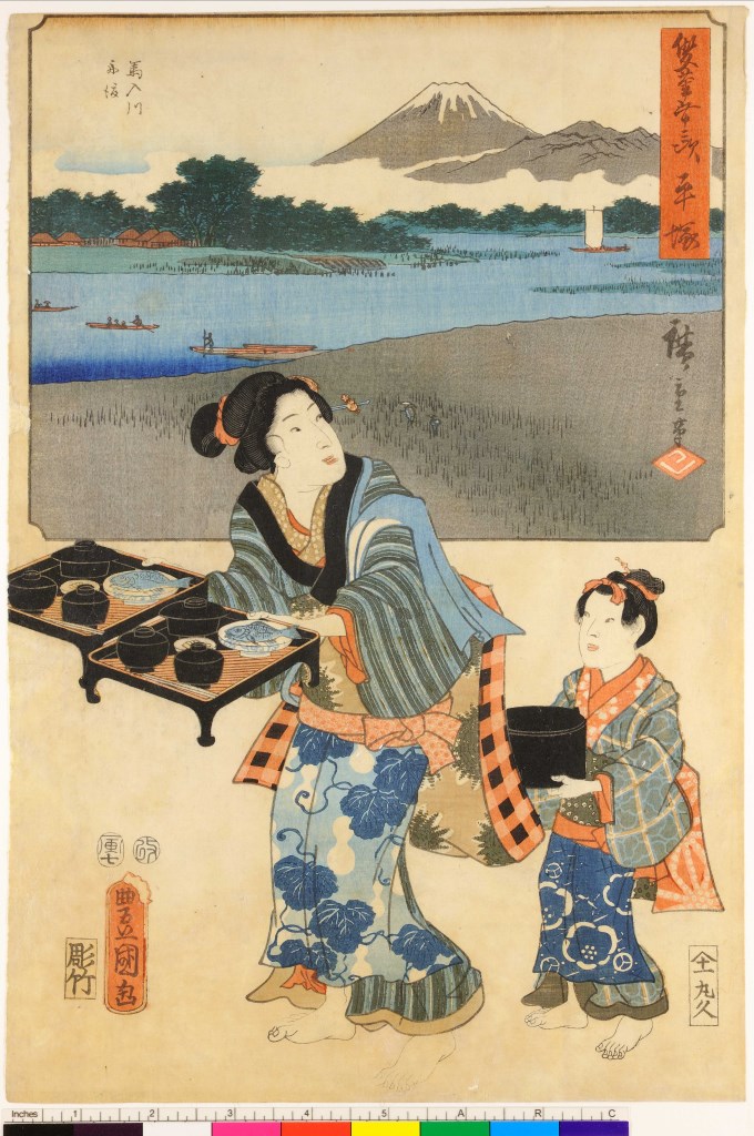 donna con bambina e paesaggio nello sfondo (stampa) di Utagawa Toyokuni III, Utagawa Hiroshige I, Hori Take - ambito giapponese (seconda metà sec. XIX)