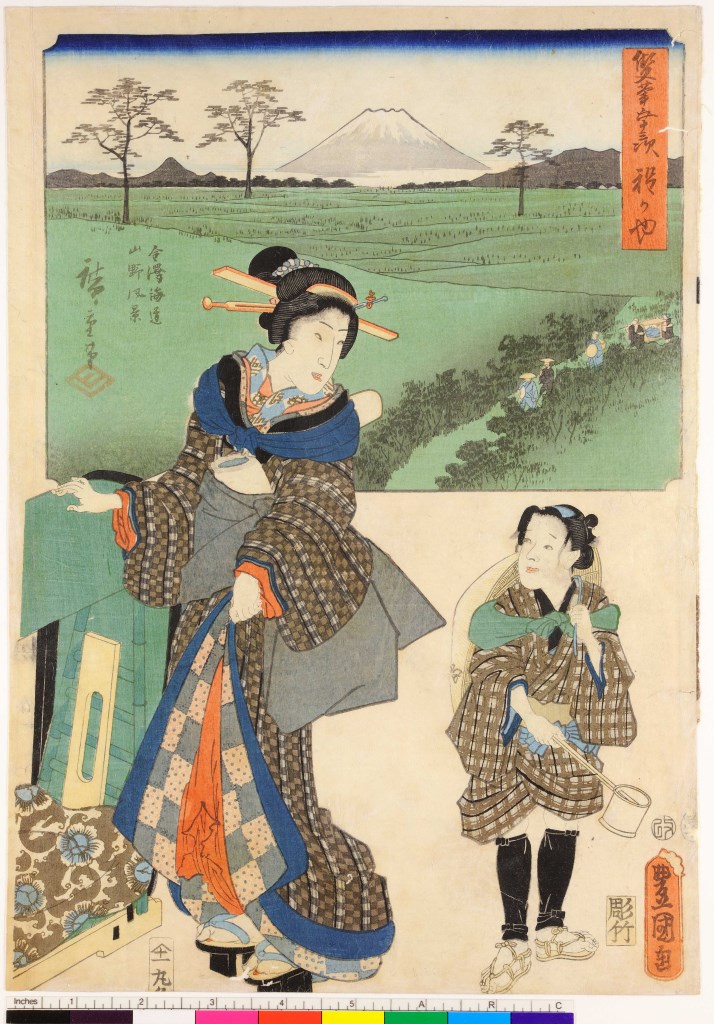 figura femminile con bambino e paesaggio nello sfondo (stampa, serie) di Utagawa Toyokuni III, Utagawa Hiroshige I - ambito giapponese (seconda metà sec. XIX)