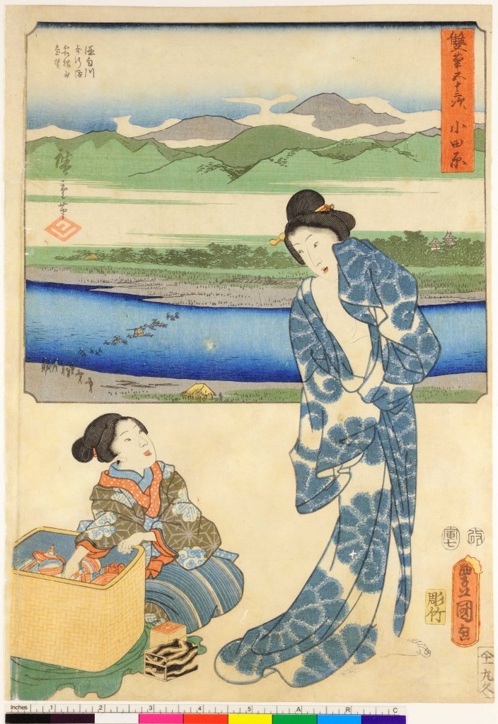 figure femminili e paesaggio nello sfondo (stampa, serie) di Utagawa Toyokuni III, Utagawa Hiroshige I, Hori Take - ambito giapponese (seconda metà sec. XIX)