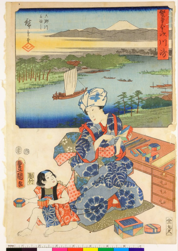 figura femminile con bambino e paesaggio nello sfondo (stampa, serie) di Utagawa Toyokuni III, Utagawa Hiroshige I, Hori Take - ambito giapponese (seconda metà sec. XIX)