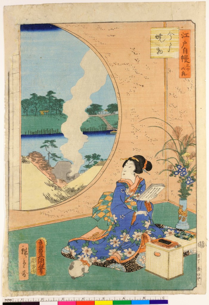 figura femminile con gatto che legge in un interno (stampa) di Utagawa Toyokuni III, Utagawa Hiroshige II, Hori Takichi - ambito giapponese (prima metà sec. XIX)