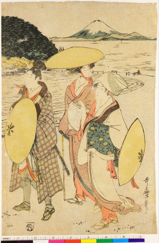 tre figure con paesaggio nello sfondo (stampa) di Kitagawa Utamaro - ambito giapponese (inizio sec. XIX)