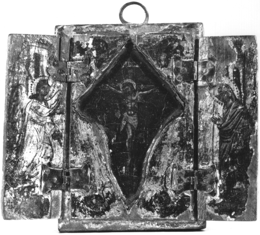 crocifissione di Cristo con la Madonna, San Giovanni Evangelista (trittico portatile) - ambito bizantino-cretese (fine/ inizio secc. XVI/ XVII)