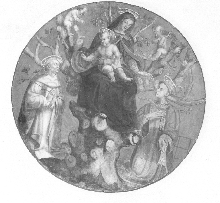 Madonna della Quercia con San Domenico e San Lorenzo (dipinto) di Trofi Monaldo detto Truffetta (sec. XVI)