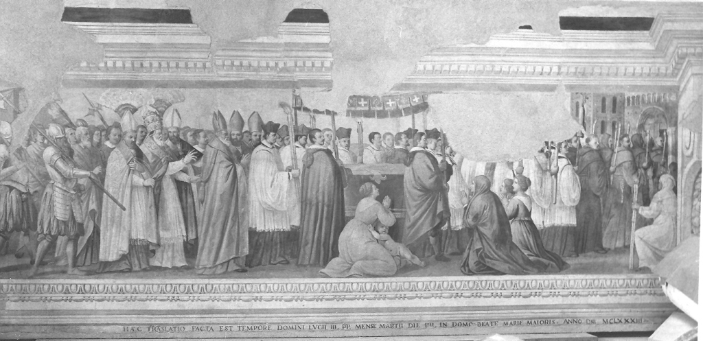 Traslazione delle reliquie alla presenza di papa Lucio III (dipinto, frammento) - ambito laziale (sec. XV)