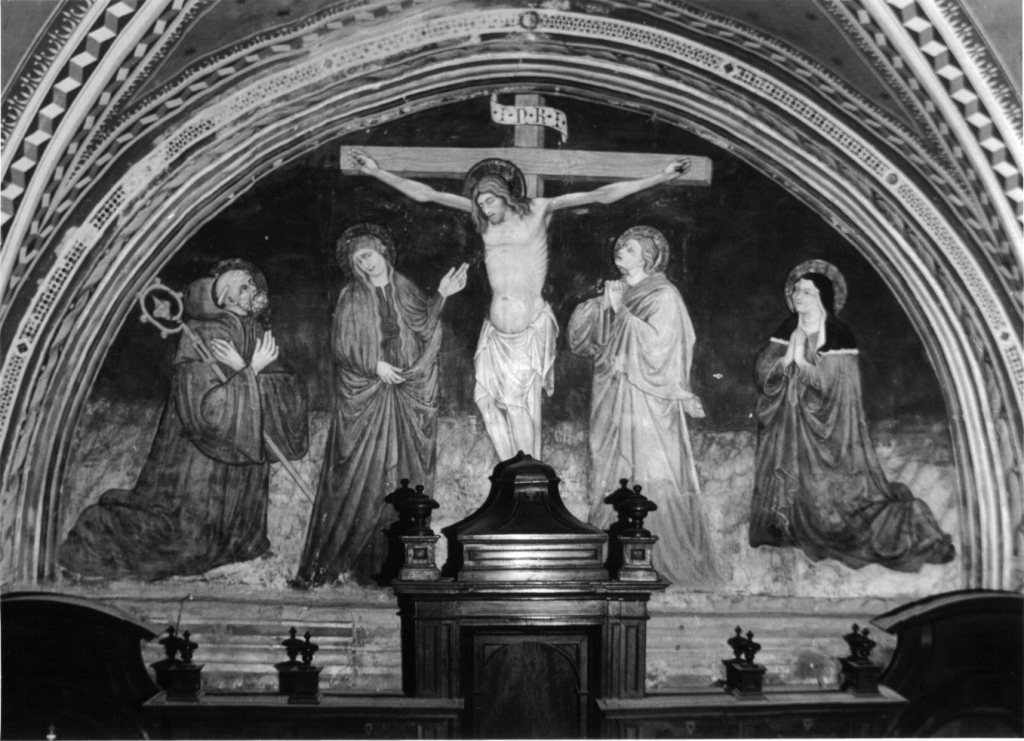 Cristo crocifisso tra santi (dipinto) - ambito umbro-marchigiano (prima metà sec. XV)