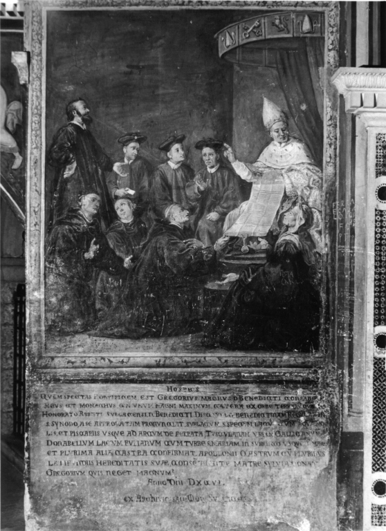 San Gregorio Magno cede i suoi beni ai monaci sublacensi (dipinto) di Manente Vincenzo (attribuito) (sec. XVII)