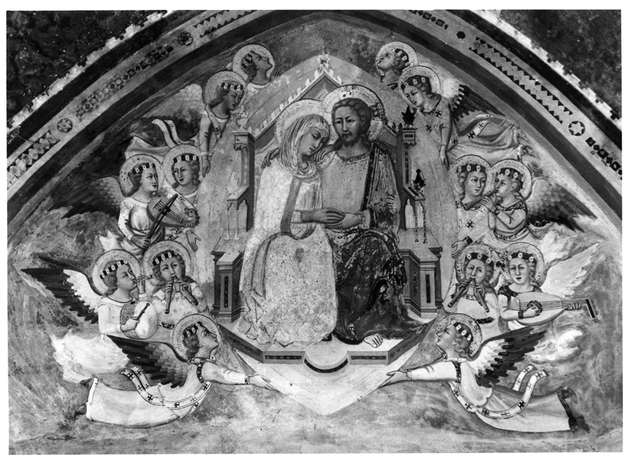 Madonna Assunta con Gesù Cristo in trono fra angeli musicanti (dipinto, complesso decorativo) di Maestro del Sacro Speco (sec. XIV)