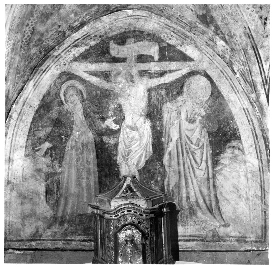 Crocifissione, Cristo crocifisso tra la Madonna e San Giovanni Evangelista (dipinto) - ambito umbro-marchigiano (prima metà sec. XV)