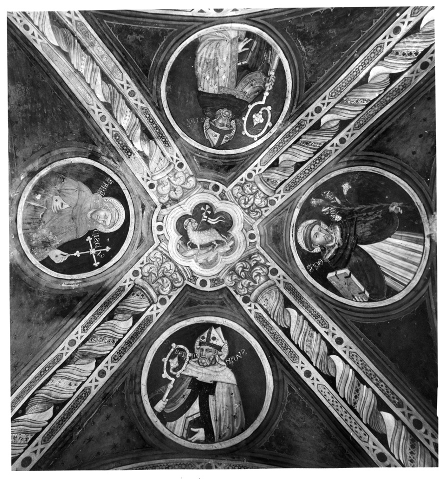 Agnus Dei tra santi (soffitto dipinto) - ambito umbro-marchigiano (prima metà sec. XV)