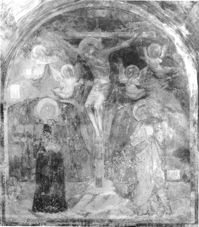 Cristo crocifisso tra la Madonna e San Giovanni Evangelista (dipinto) - ambito senese (prima metà sec. XIV)