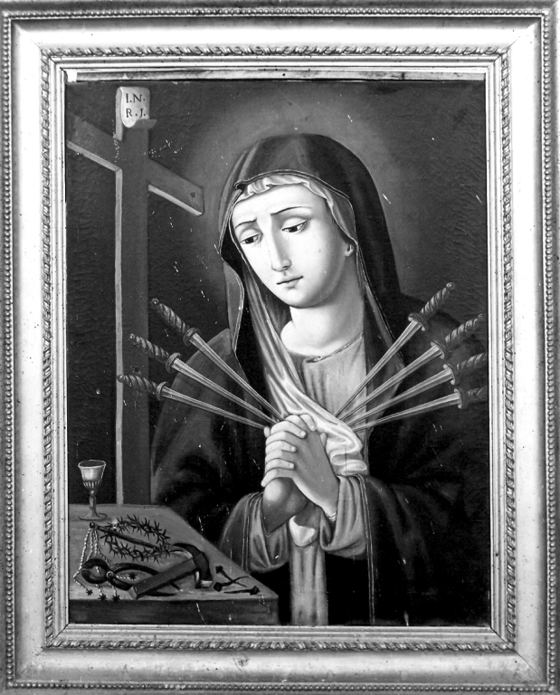 Madonna trafitta da sette spade con i simboli della Passione (dipinto) - ambito laziale (sec. XIX)