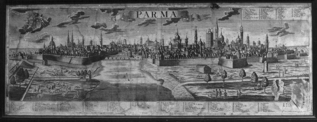 Parma, veduta di Parma (stampa) di Probst Johann Balthasar (metà sec. XVIII)
