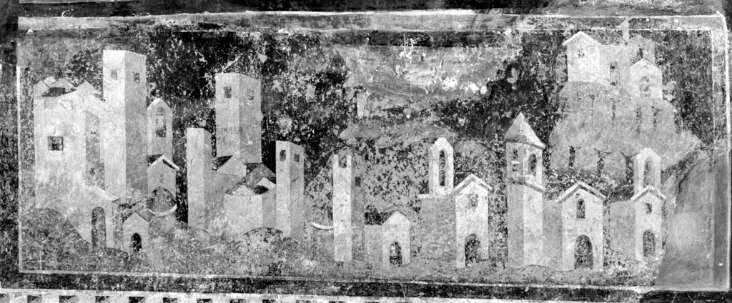 Veduta del castello di Ampiglione posto sotto il dominio dell'Abbazia di Santa Scolastica (dipinto) - scuola romana (sec. XIV)