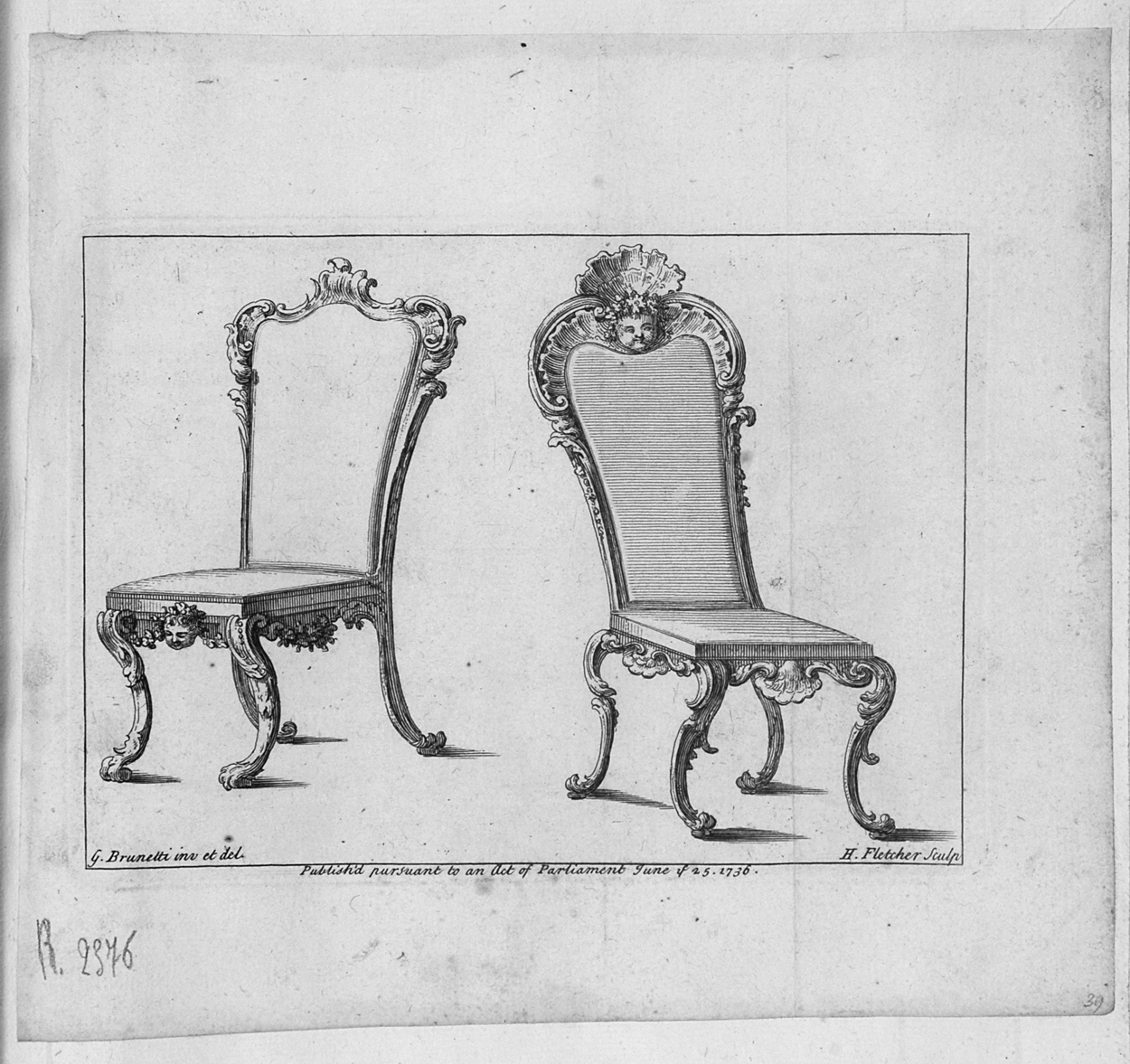 due sedie con ornamenti rocaille (stampa, serie) di Brunetti Gaetano, Fletcher Henry (sec. XVIII)