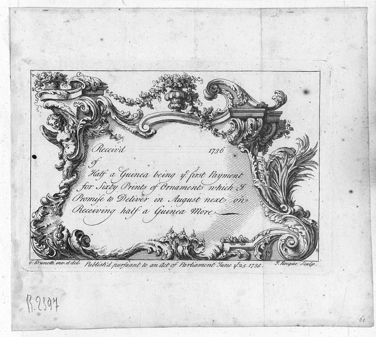 ornamento rocaille con iscrizione (stampa, serie) di Brunetti Gaetano, La Rocque Jean (sec. XVIII)