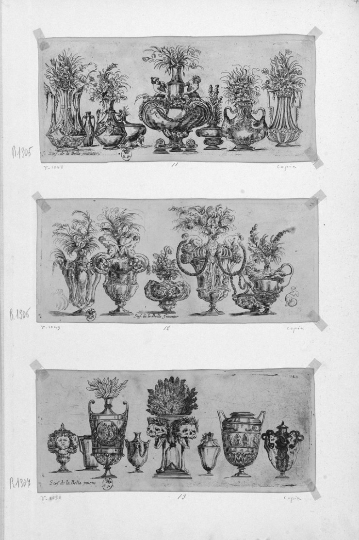 otto vasi (stampa smarginata) di Della Bella Stefano - ambito italiano (seconda metà sec. XVII)
