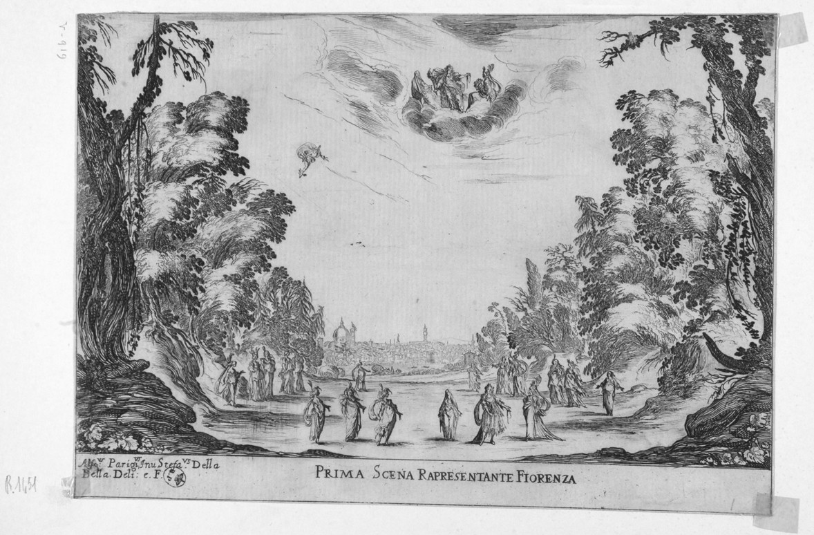 Prima scena rappresentante Fiorenza, scena teatrale (stampa smarginata, serie) di Della Bella Stefano, Parigi Alfonso (sec. XVII)