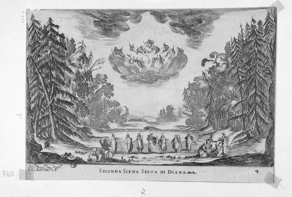 Seconda Scena Selva di Diana, scena teatrale (stampa smarginata, serie) di Della Bella Stefano, Parigi Alfonso (sec. XVII)