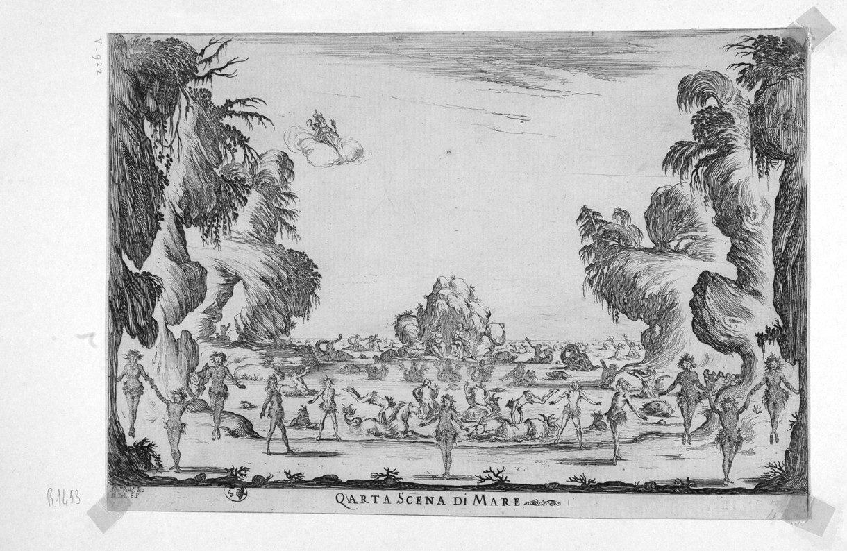 Quarta Scena Selva di Mare, scena teatrale (stampa smarginata, serie) di Della Bella Stefano, Parigi Alfonso (sec. XVII)