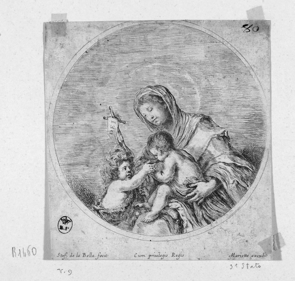 Madonna con Bambino e San Giovannino (stampa) di Della Bella Stefano (sec. XVII)