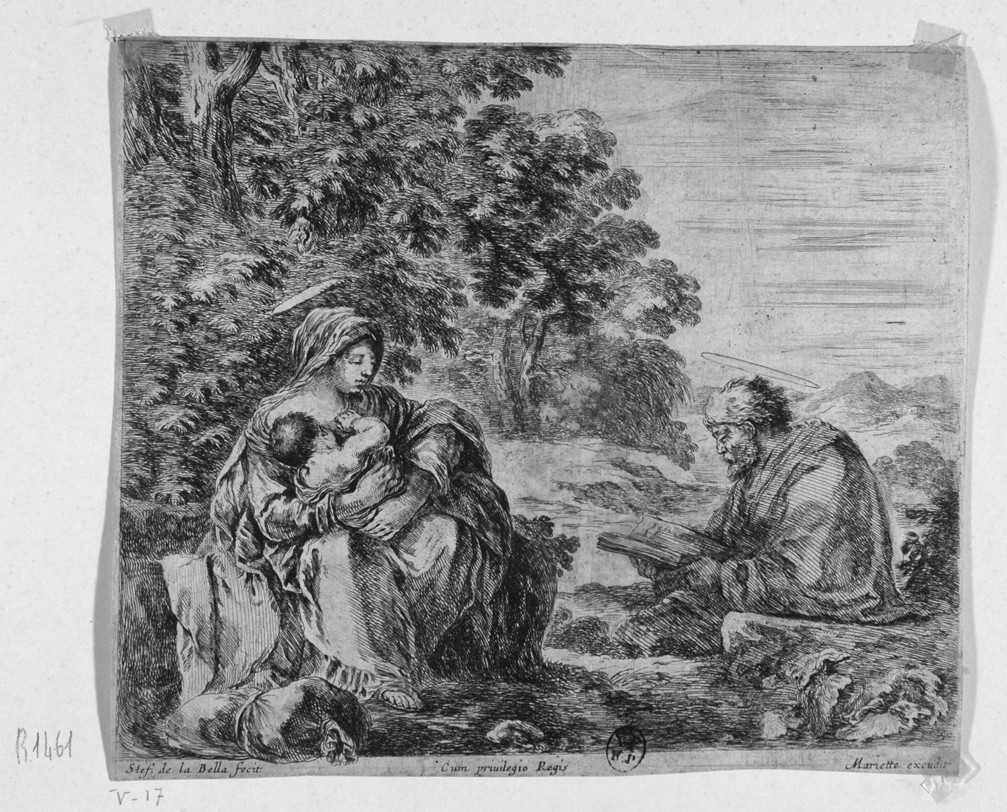riposo nella fuga in Egitto con la Madonna che allatta Gesù Bambino (stampa smarginata) di Della Bella Stefano (sec. XVII)
