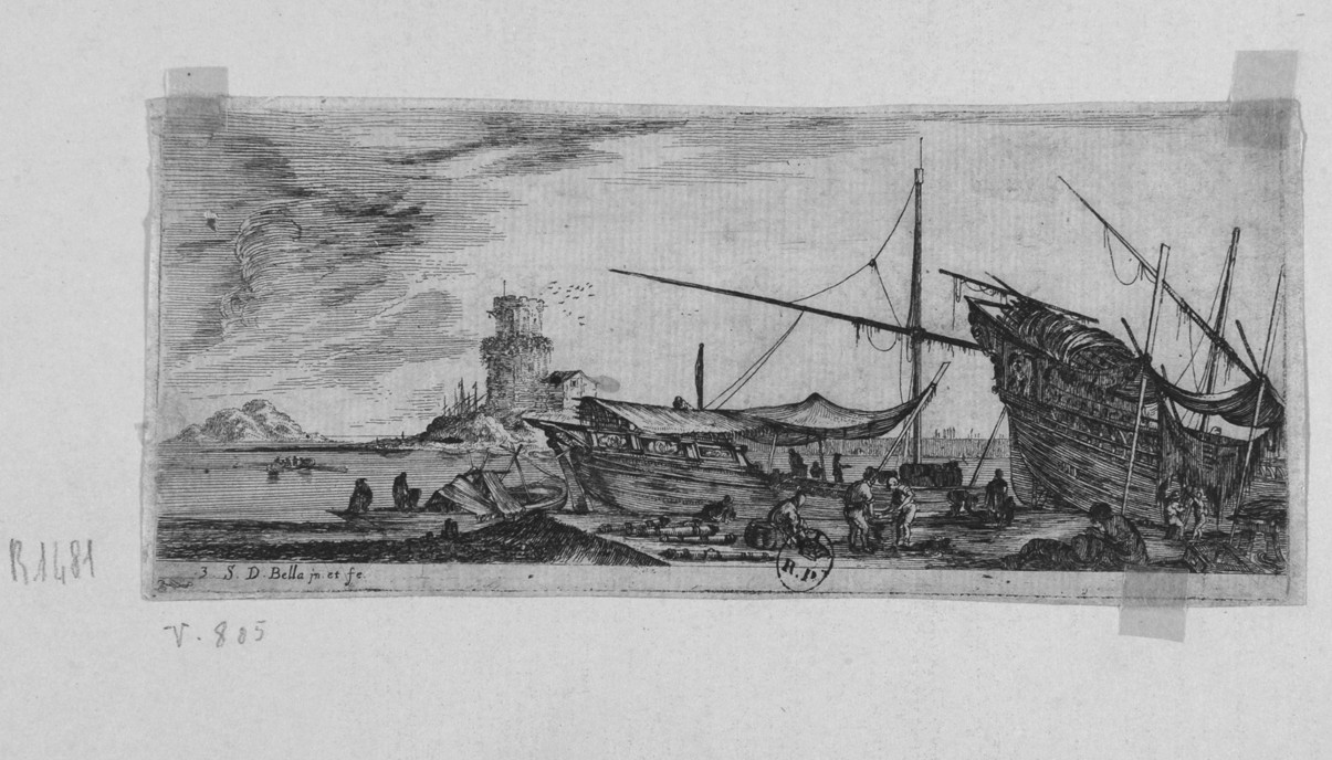 navi all'approdo (stampa smarginata, serie) di Della Bella Stefano (sec. XVII)