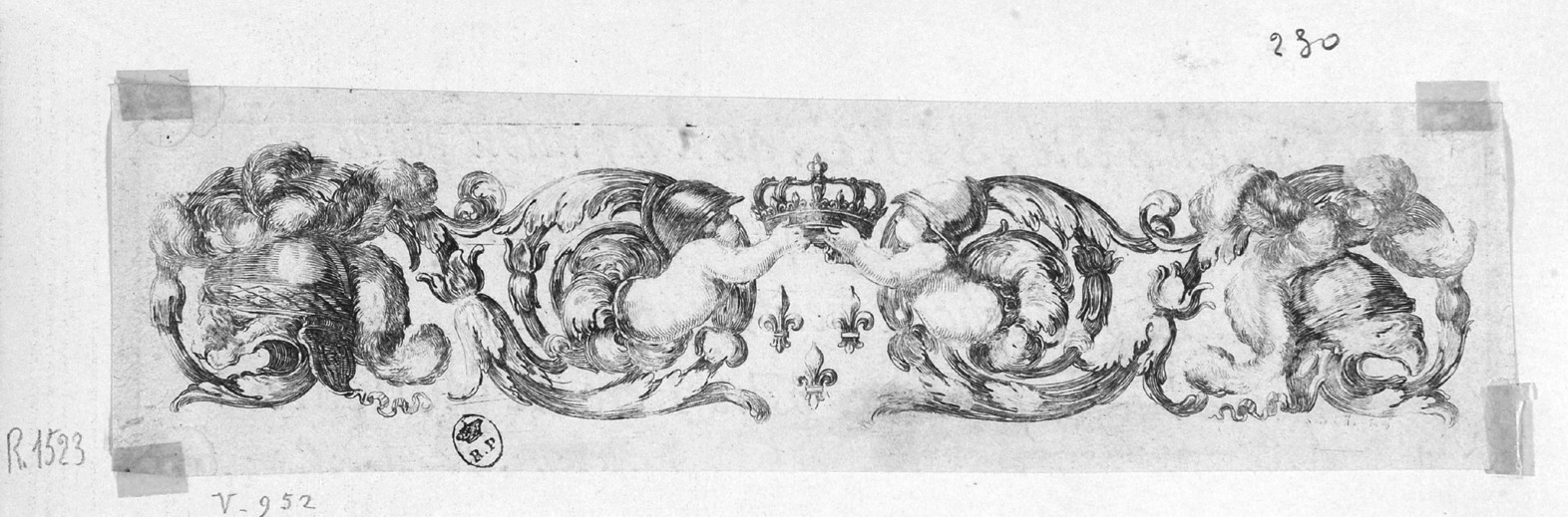 fregio con putti e corona (stampa tagliata, serie) di Della Bella Stefano (sec. XVII)