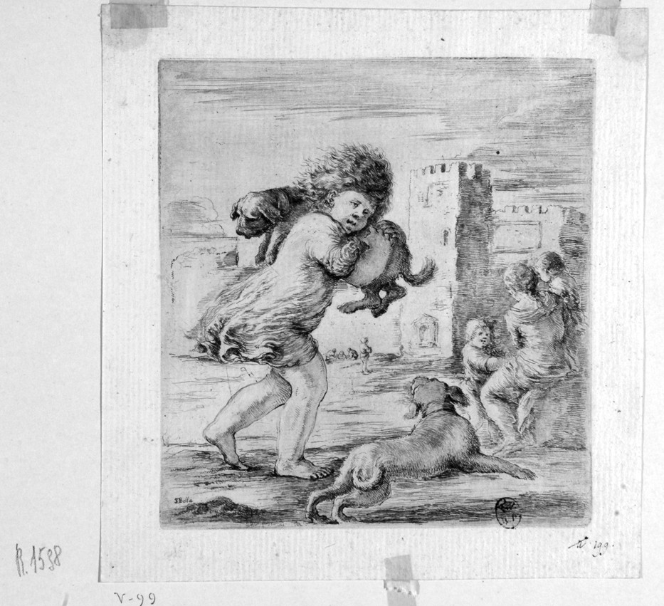 bambino con cani (stampa) di Della Bella Stefano (sec. XVII)